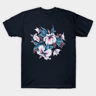 Hibiscus Butterflies - Navy Blue Pink T-Shirt